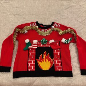 Planet Heart Womens L Ugly Christmas Sweater Fireplace Stockings Tinsel Ho Ho Ho